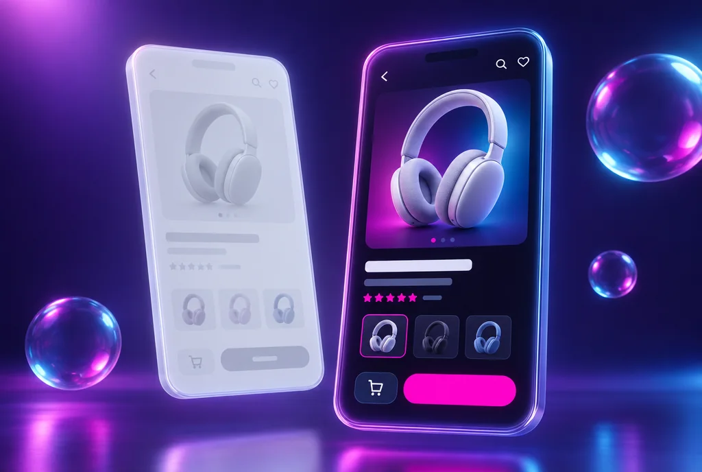 The same product page twice: washed-out low-contrast version next to a crisp, high-contrast version with large tap targets