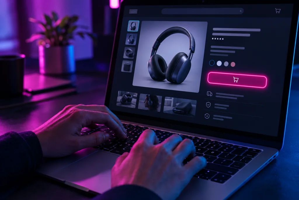 Hands navigating an online store with the keyboard, a pink focus ring around the Add to cart button